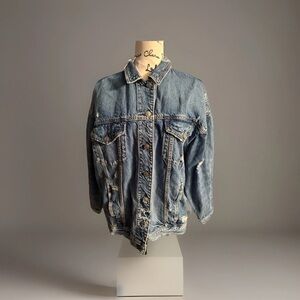 American Eagle Unisex Large Distressed Jean Jacket Button Front Long Sleeve Blue